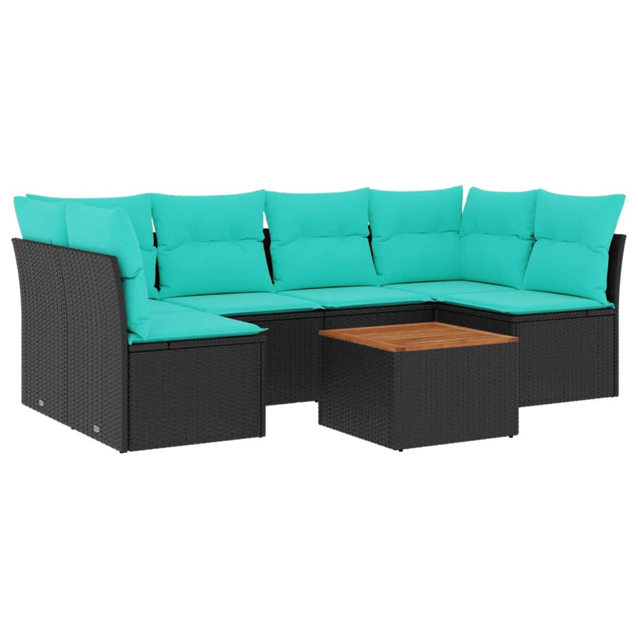 7-delige Loungeset met kussens poly rattan zwart
