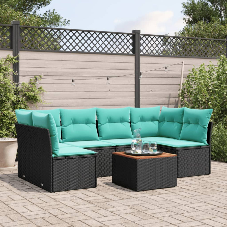 7-delige Loungeset met kussens poly rattan zwart