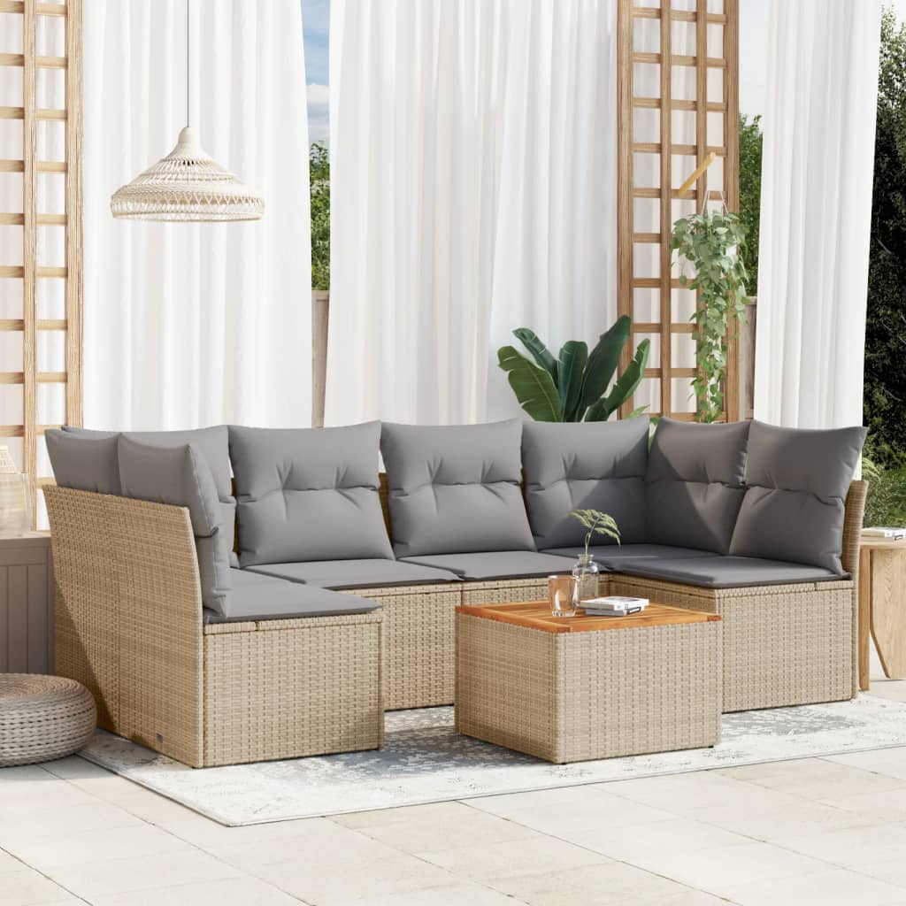 7-Delige Loungeset Met Kussens Poly Rattan Gemengd Beige