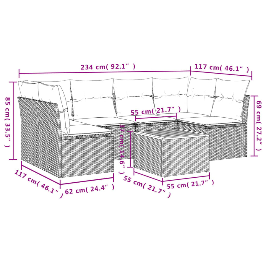 7-Delige Loungeset Met Kussens Poly Rattan Grijs