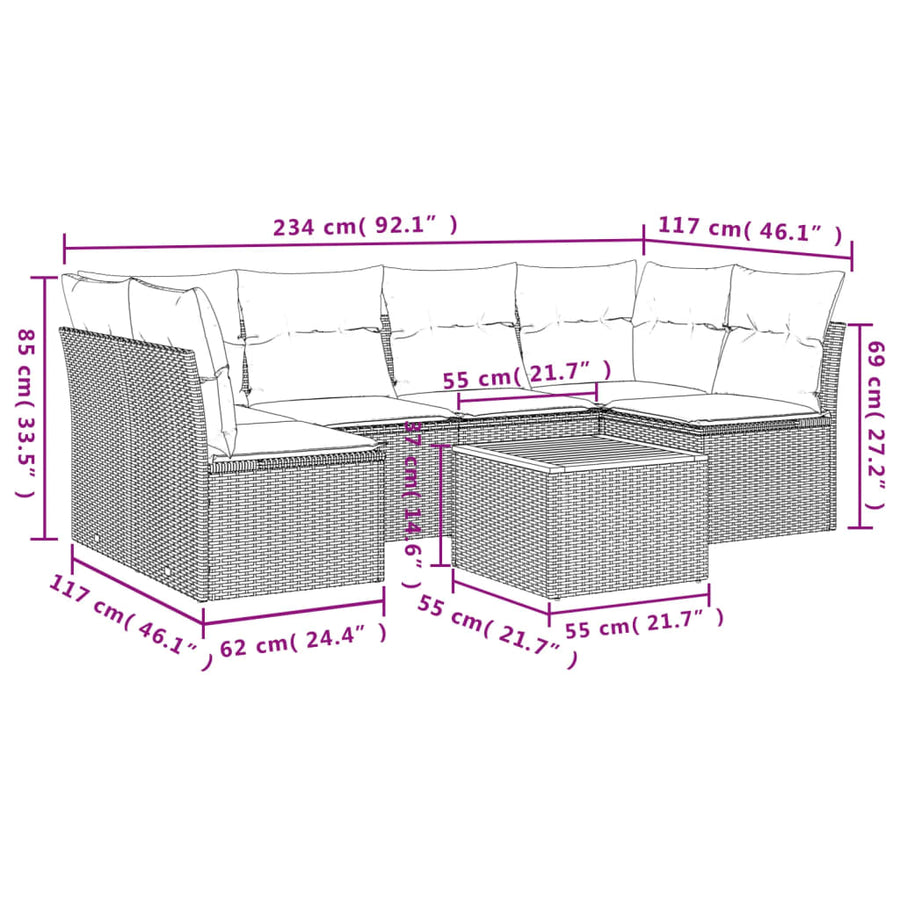 7-Delige Loungeset Met Kussens Poly Rattan 1 Grijs