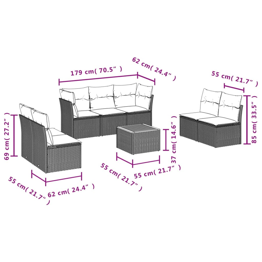 8-delige Loungeset met kussens poly rattan zwart