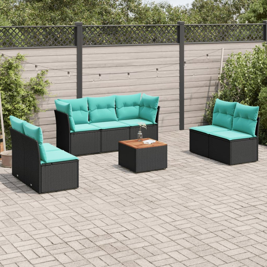 8-delige Loungeset met kussens poly rattan zwart