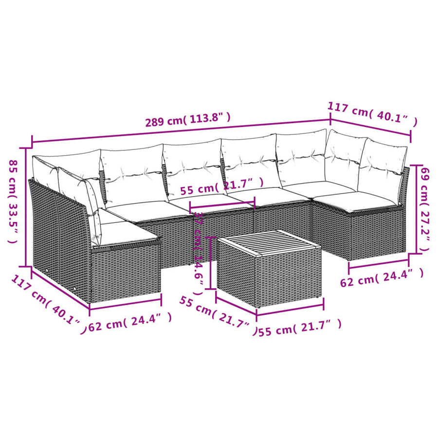 8-delige Loungeset met kussens poly rattan zwart