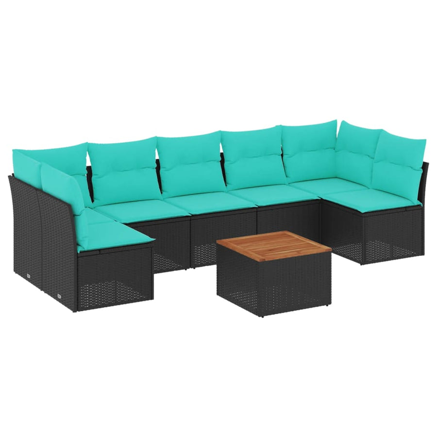 8-delige Loungeset met kussens poly rattan zwart
