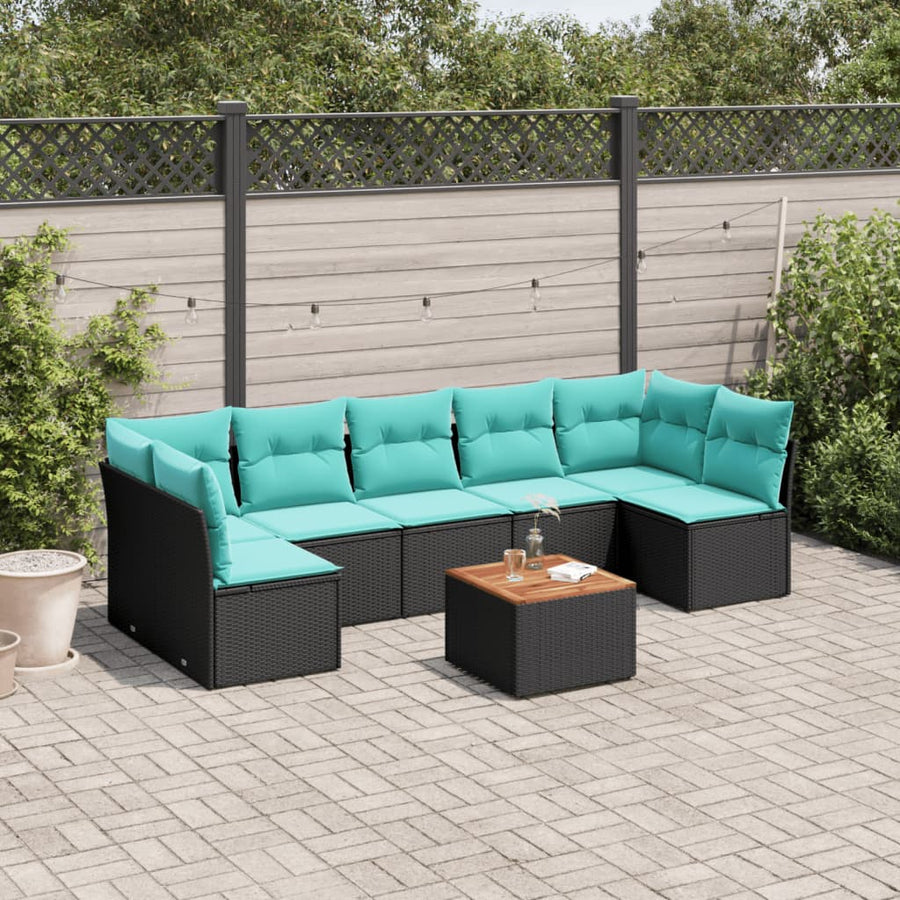 8-delige Loungeset met kussens poly rattan zwart