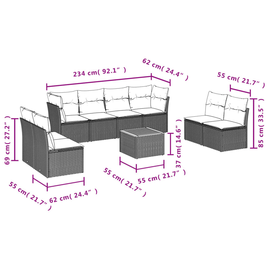 9-Delige Loungeset Met Kussens Poly Rattan Zwart
