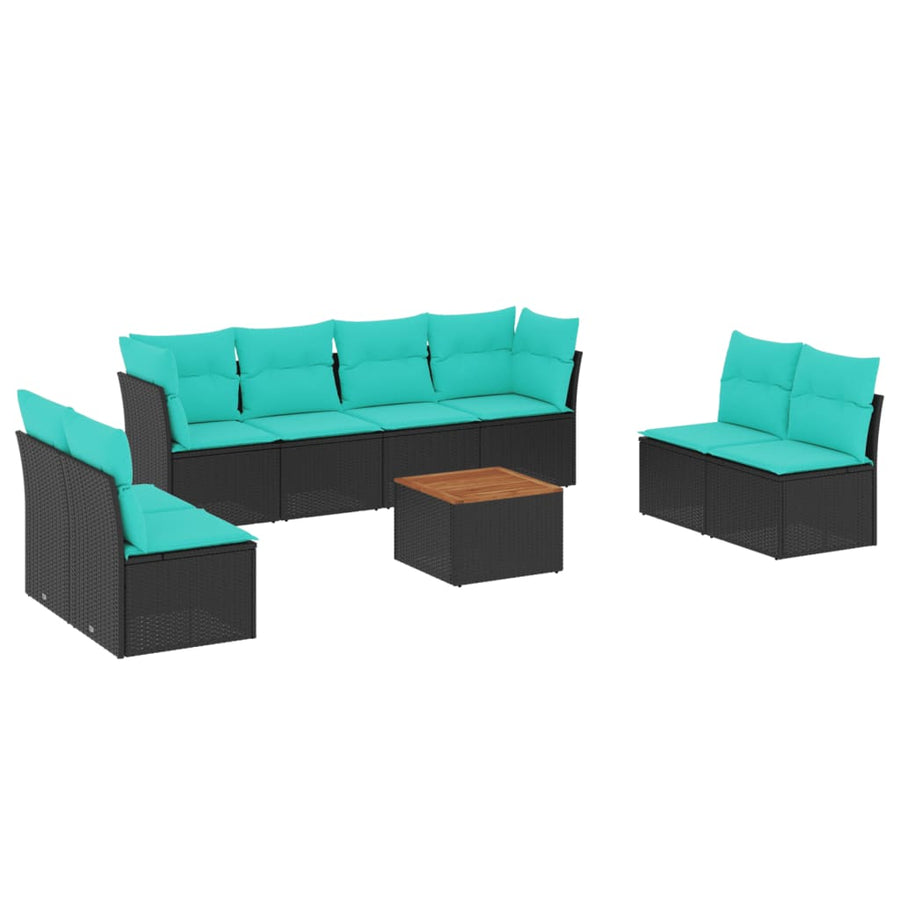 9-delige Loungeset met kussens poly rattan zwart