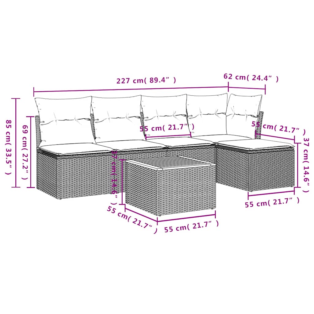 6-delige tuinbankset met kussens, grijs polyrotan