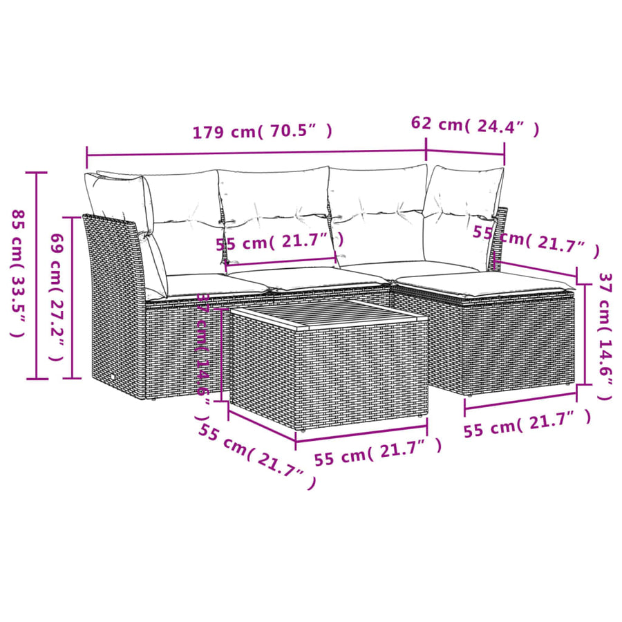 5-Delige Loungeset Met Kussens Poly Rattan Beige
