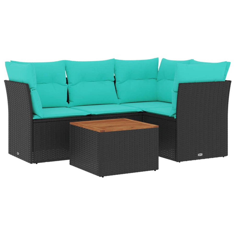 5-delige Loungeset met kussens poly rattan zwart