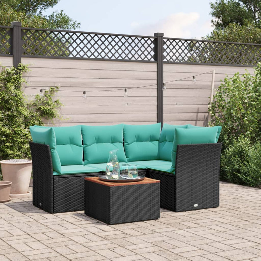 5-delige Loungeset met kussens poly rattan zwart