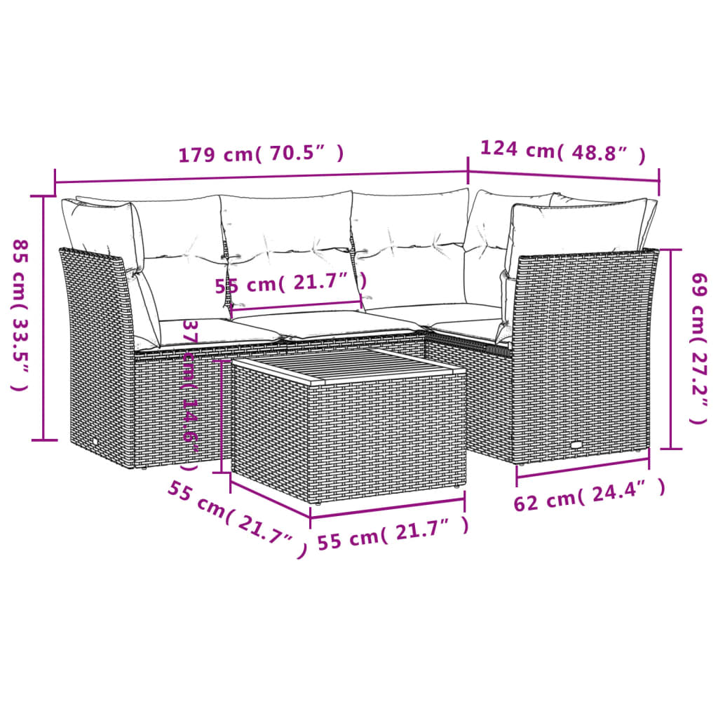 5-Delige Loungeset Met Kussens Poly Rattan