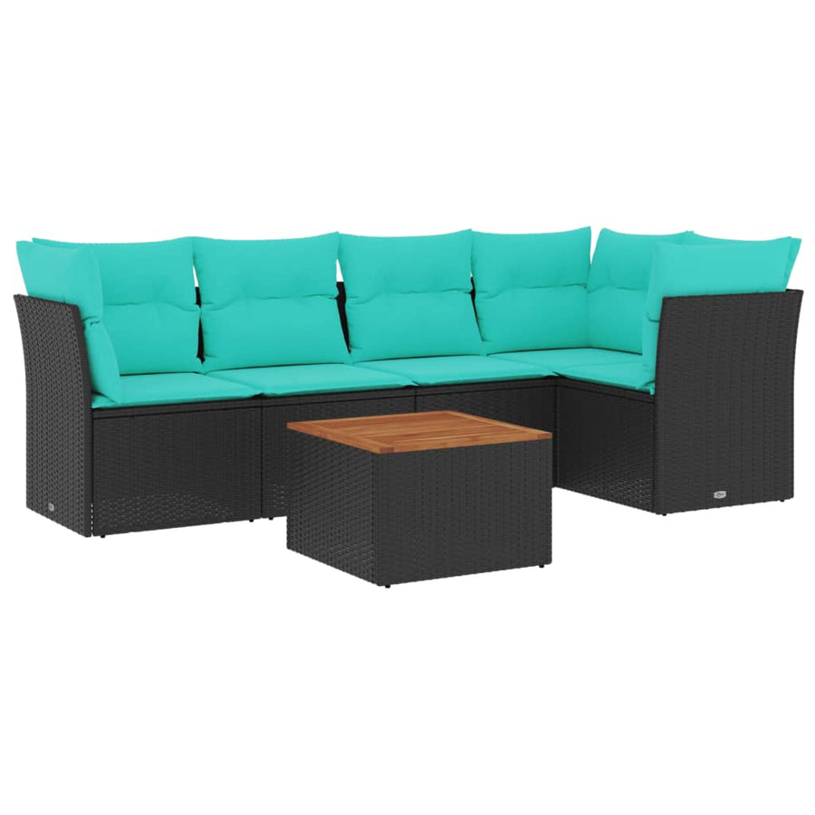 6-delige Loungeset met kussens poly rattan zwart