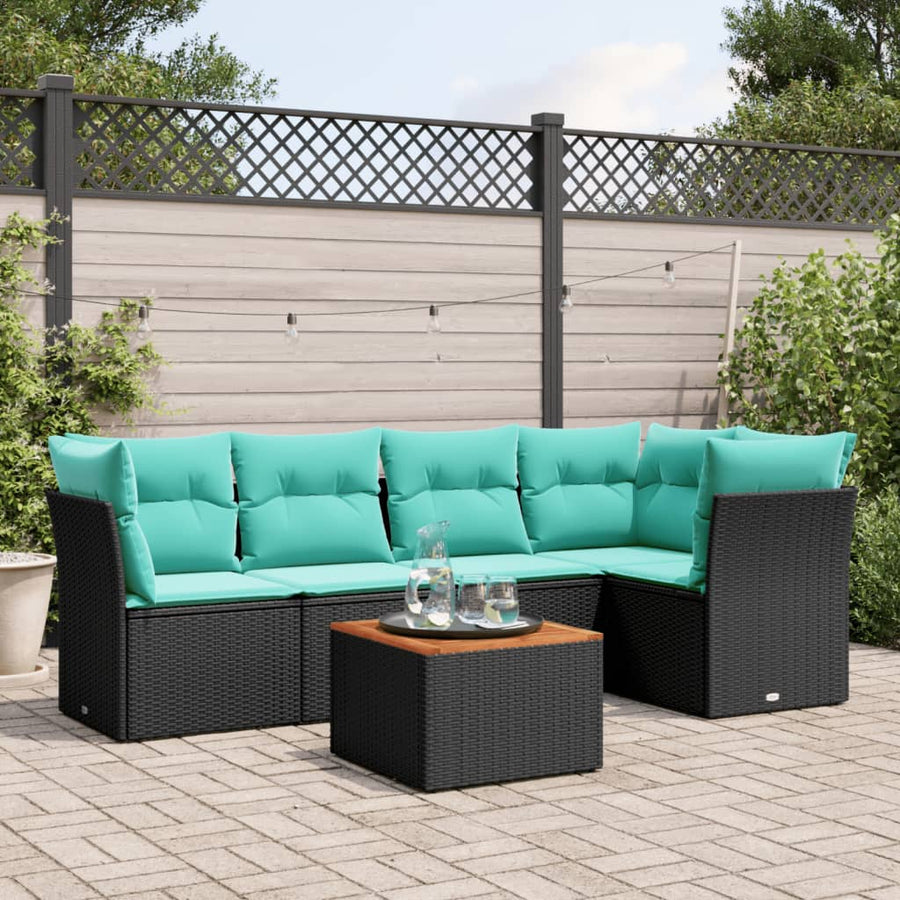 6-delige Loungeset met kussens poly rattan zwart