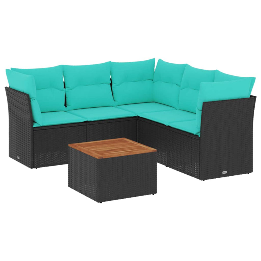 6-delige Loungeset met kussens poly rattan zwart
