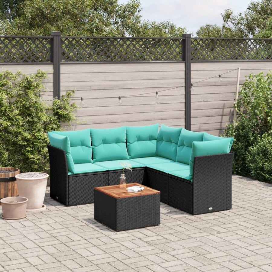 6-delige Loungeset met kussens poly rattan zwart