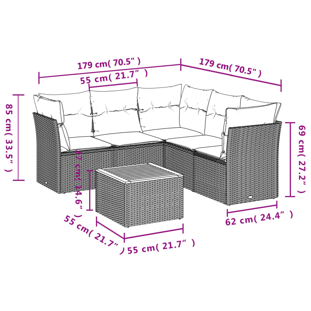 6-Delige Loungeset Met Kussens Poly Rattan 1 Grijs