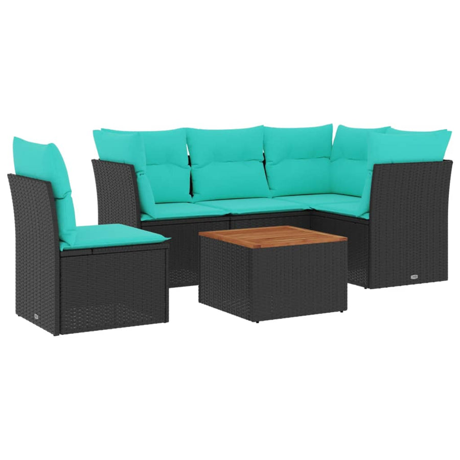 6-delige Loungeset met kussens poly rattan zwart