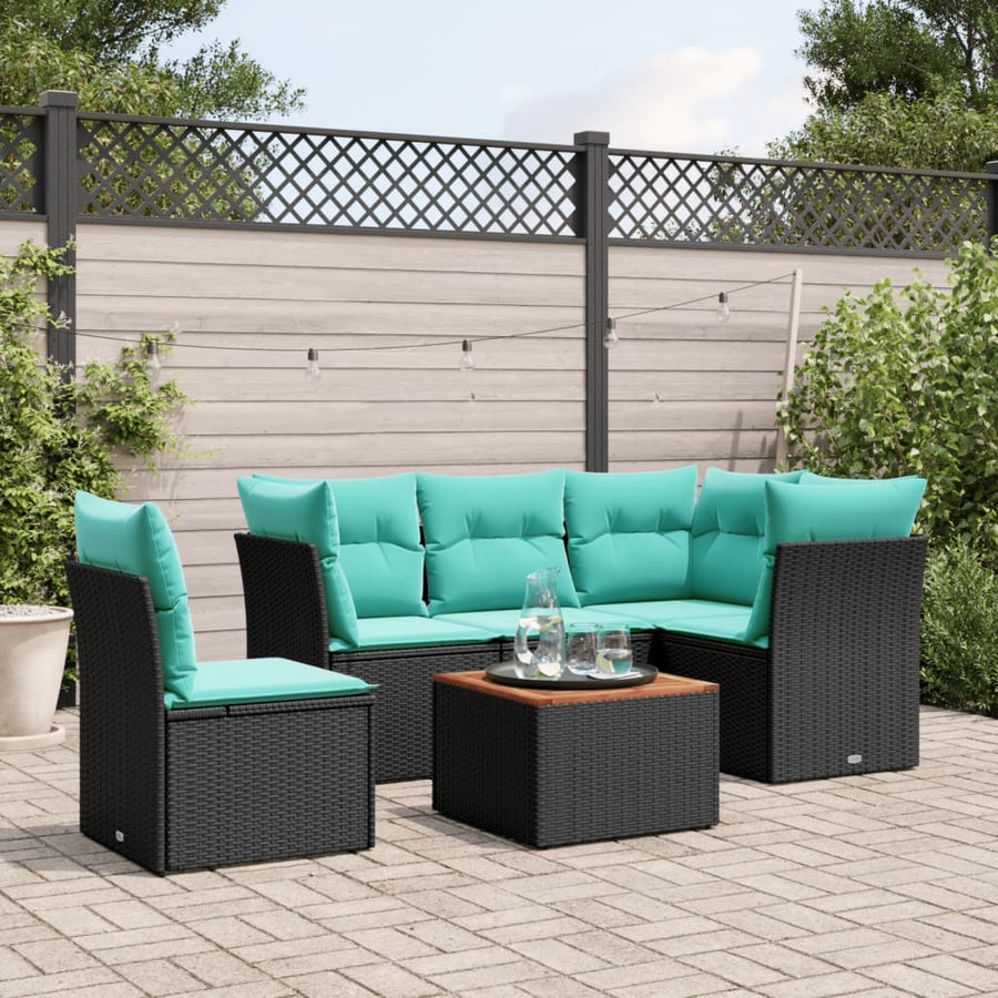 6-delige Loungeset met kussens poly rattan zwart