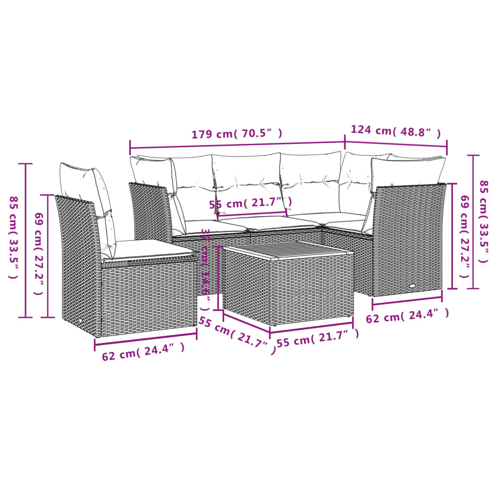 6-Delige Loungeset Met Kussens Poly Rattan Grijs