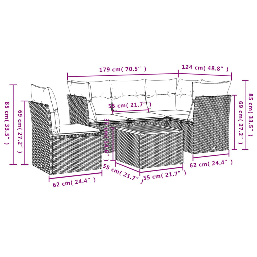 6-Delige Loungeset Met Kussens Poly Rattan Grijs