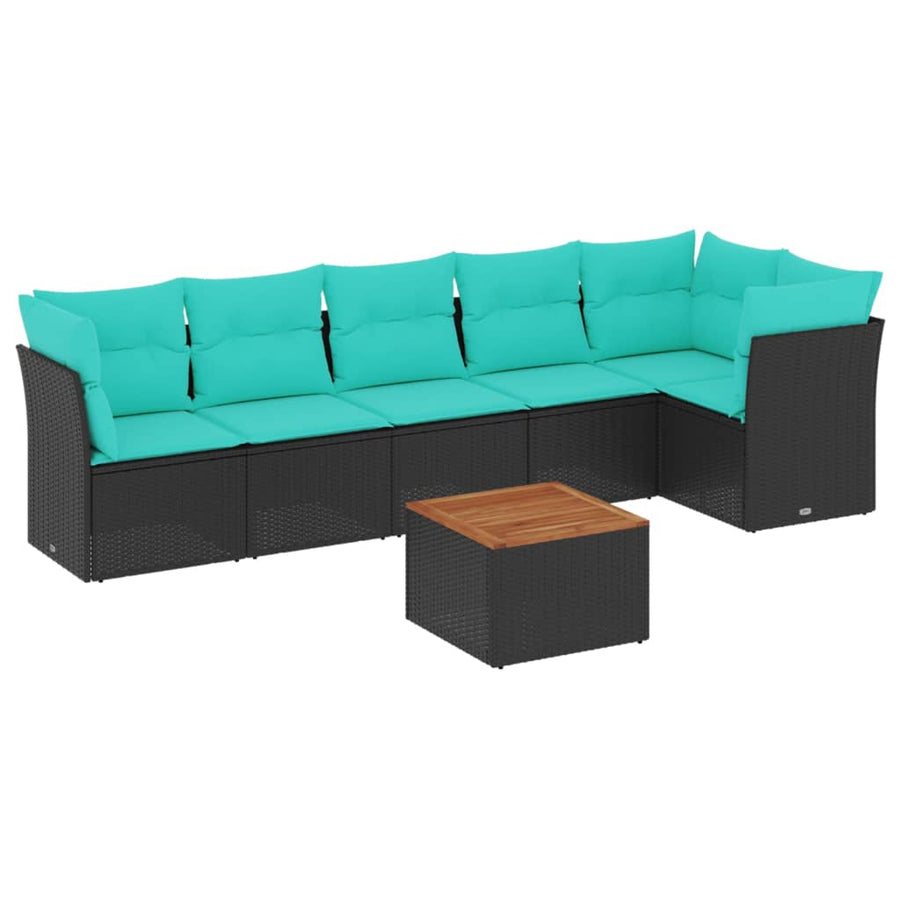 7-delige Loungeset met kussens poly rattan zwart