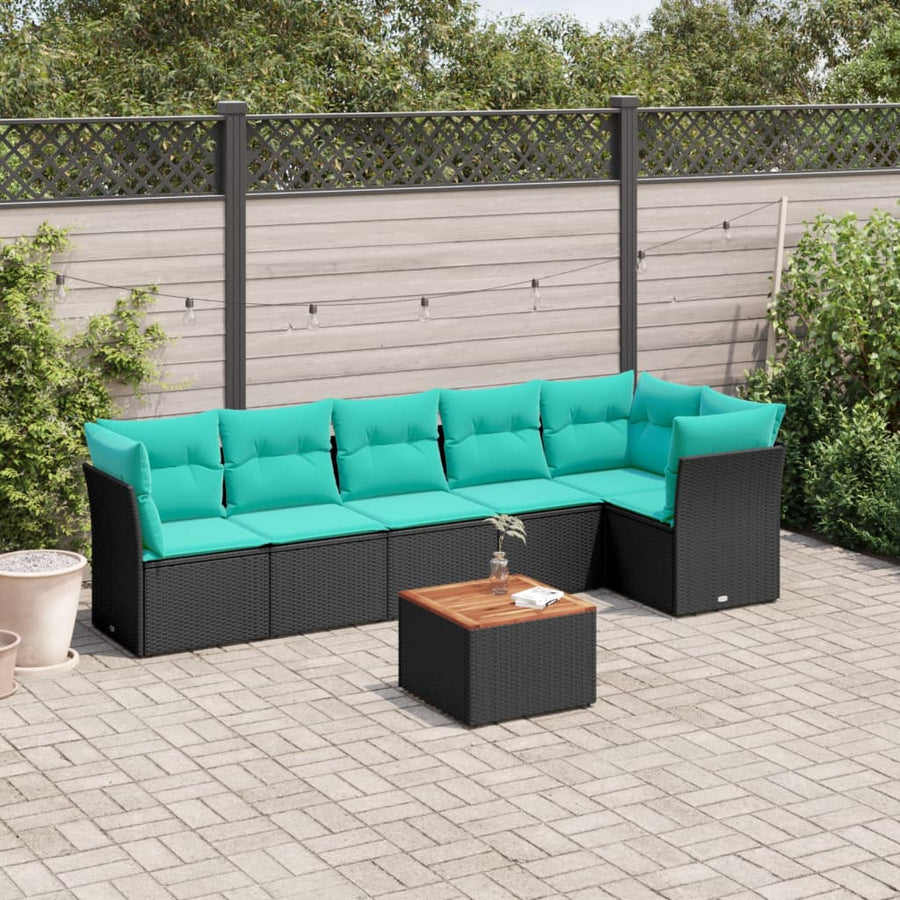 7-delige Loungeset met kussens poly rattan zwart
