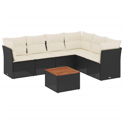 7-delige Loungeset met kussens poly rattan zwart