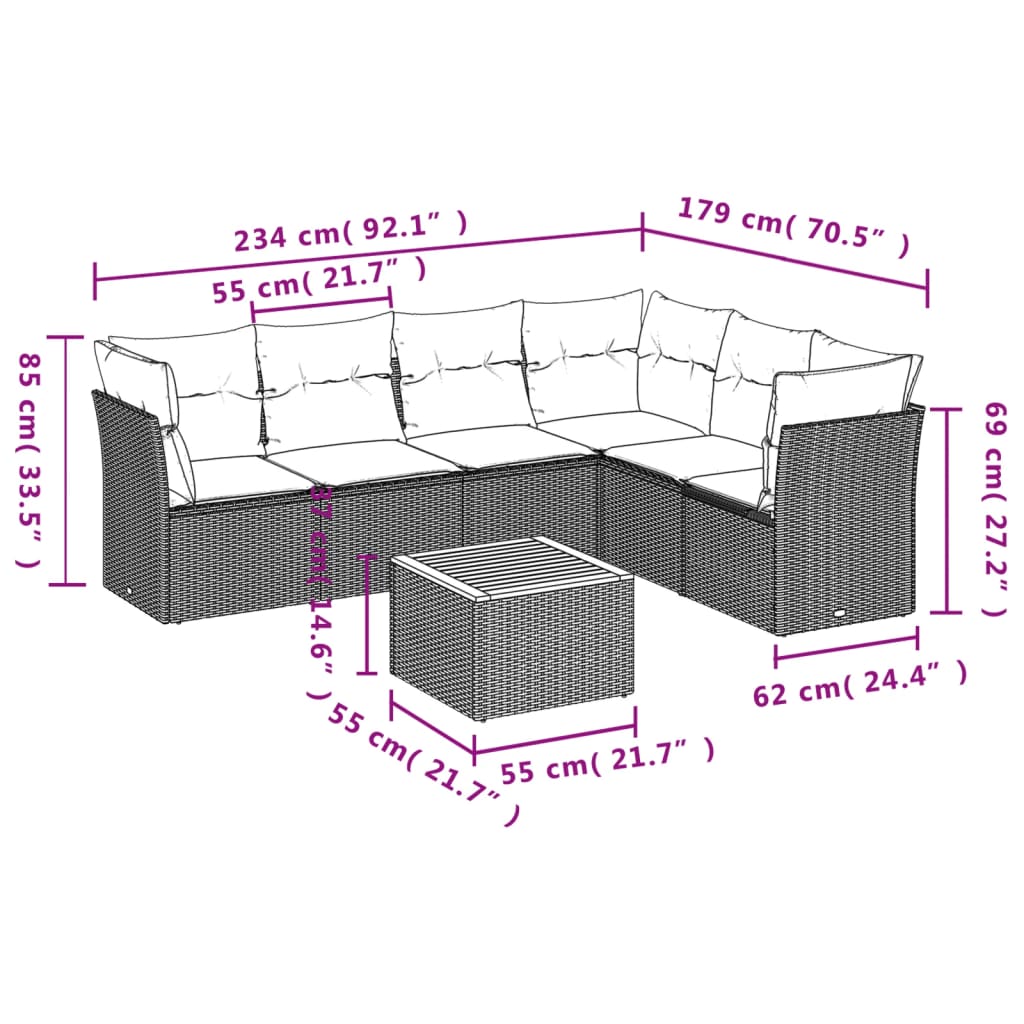 7-delige Loungeset met kussens poly rattan zwart