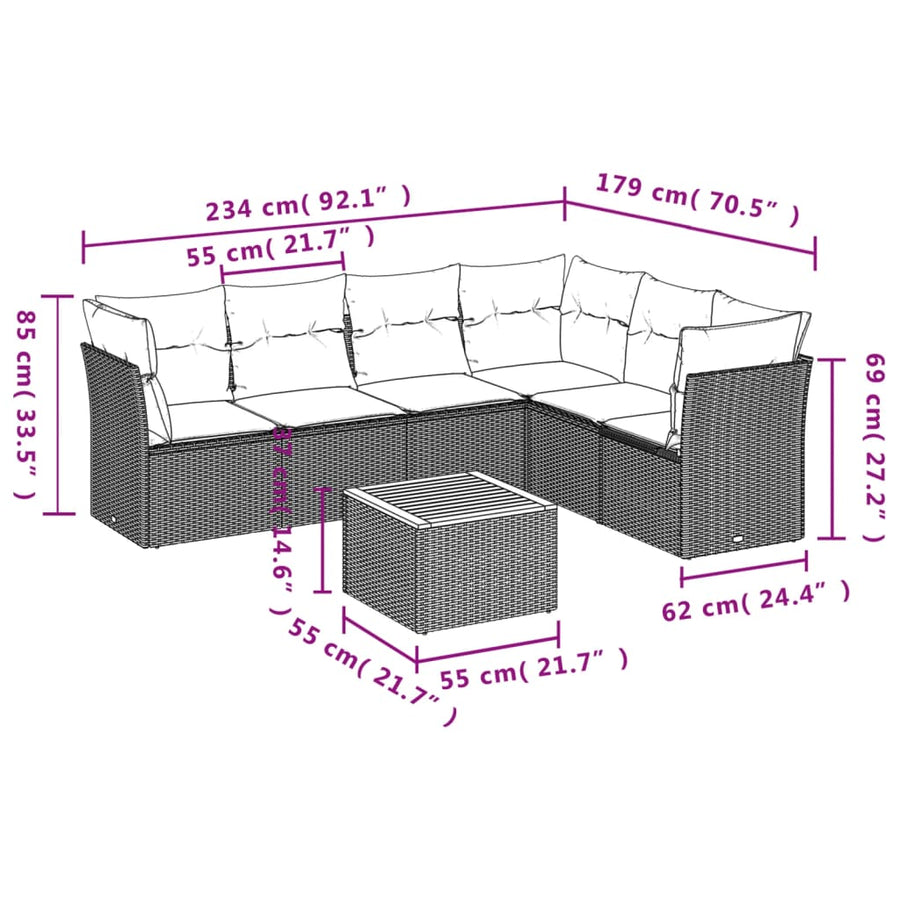 7-delige Loungeset met kussens poly rattan zwart