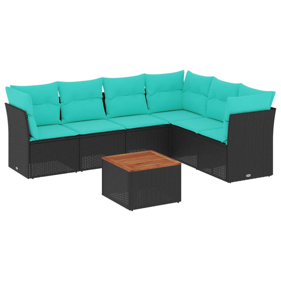 7-delige Loungeset met kussens poly rattan zwart
