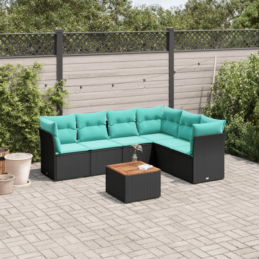 7-delige Loungeset met kussens poly rattan zwart