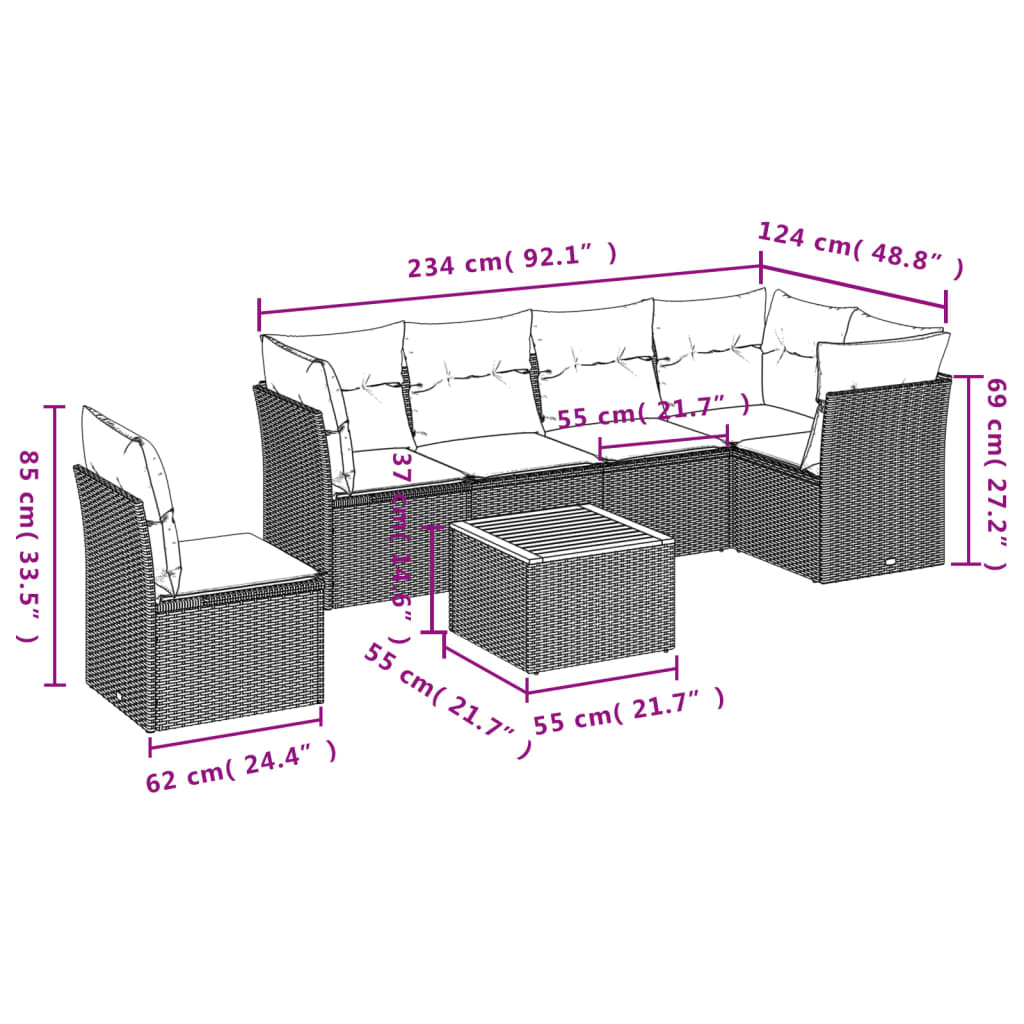 7-delige Loungeset met kussens poly rattan zwart