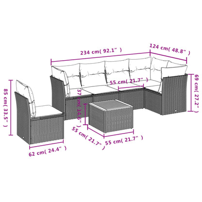 7-delige Loungeset met kussens poly rattan zwart