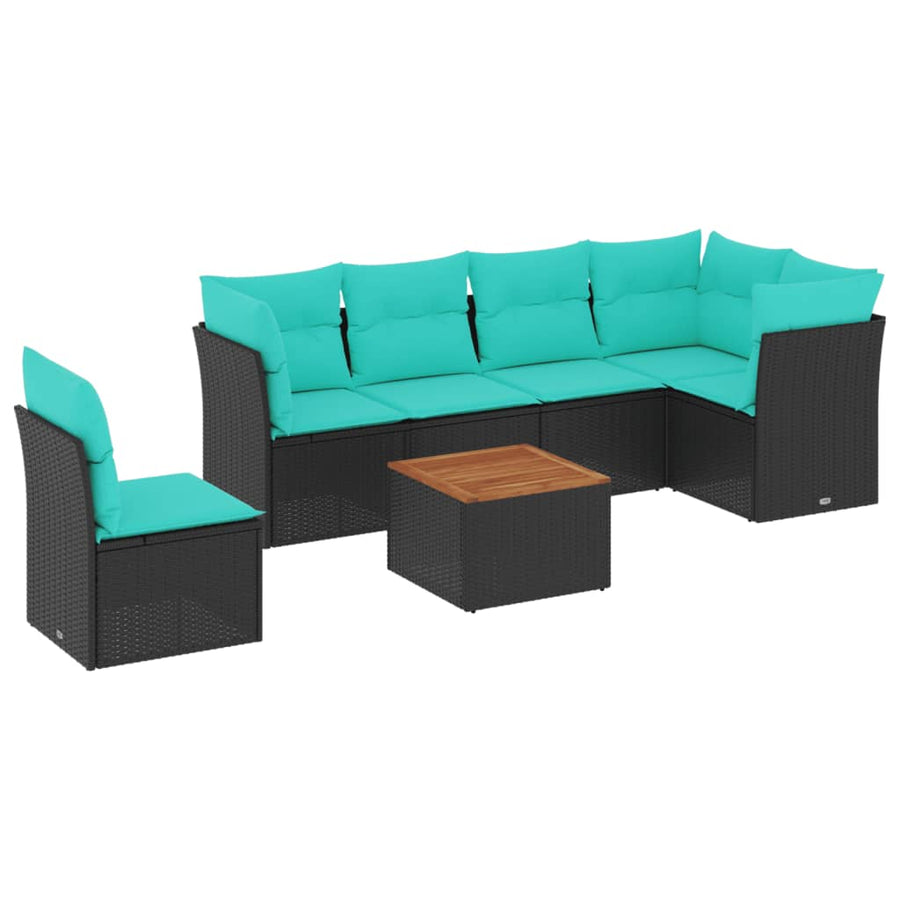 7-delige Loungeset met kussens poly rattan zwart