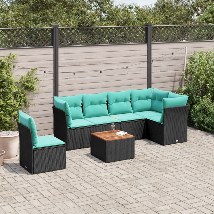 7-delige Loungeset met kussens poly rattan zwart
