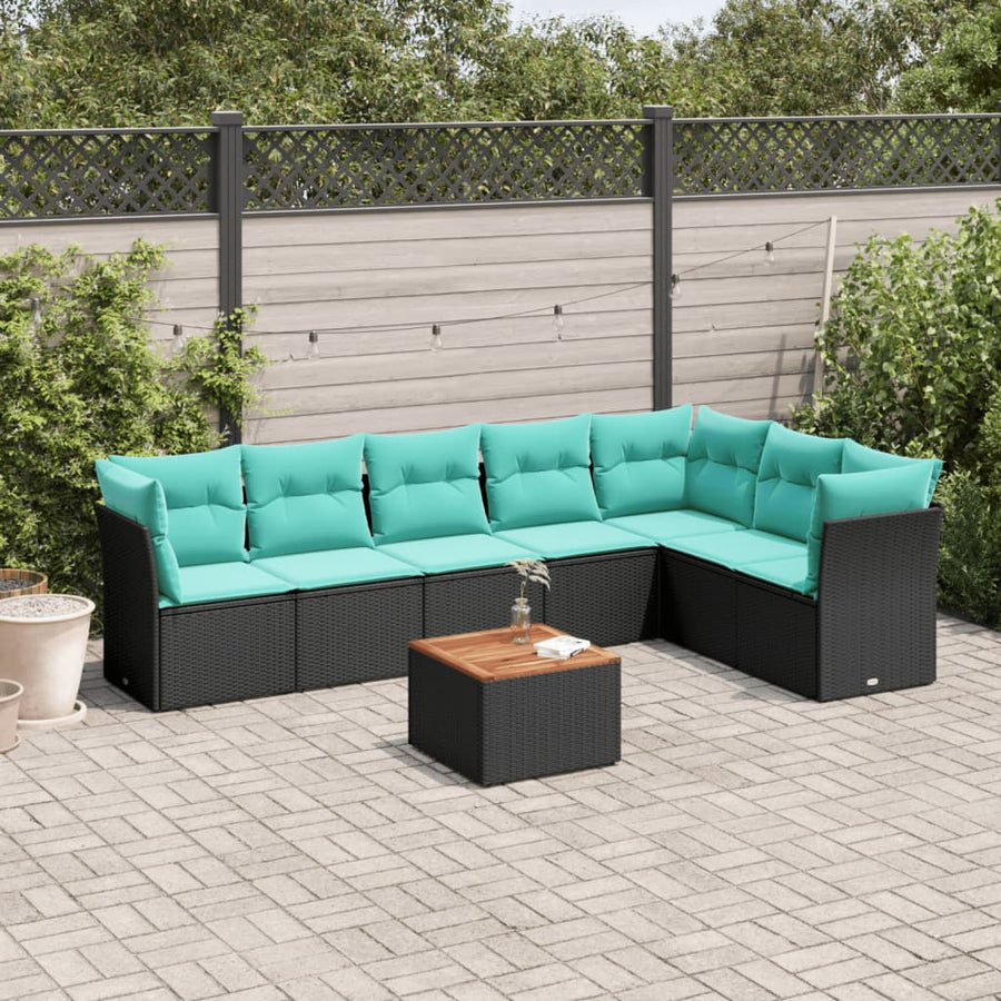 8-delige Loungeset met kussens poly rattan zwart