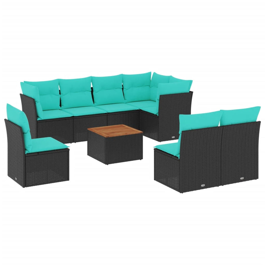 9-delige Loungeset met kussens poly rattan zwart