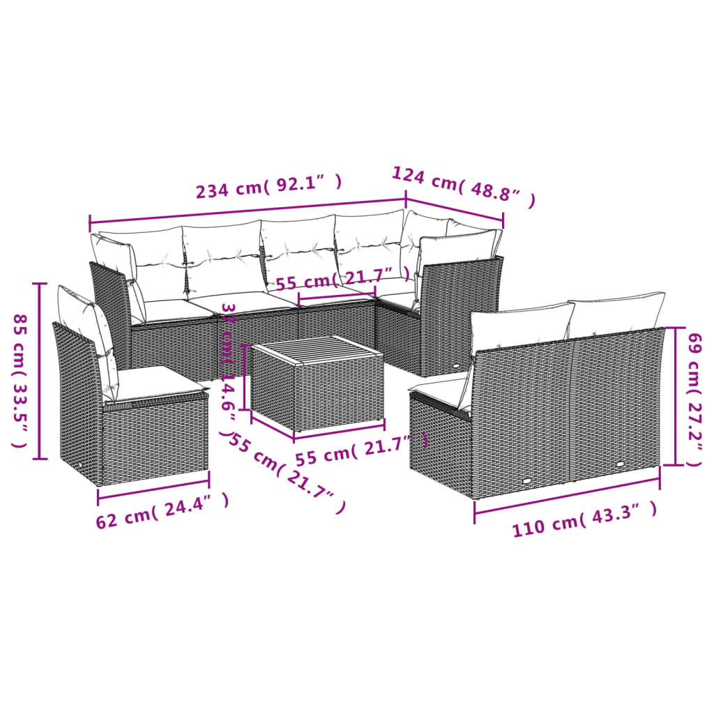 9-delige Loungeset met kussens poly rattan zwart
