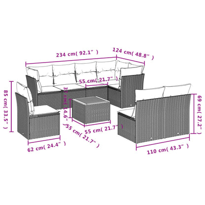 9-delige Loungeset met kussens poly rattan zwart