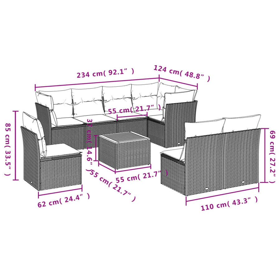 9-Delige Loungeset Met Kussens Poly Rattan Beige
