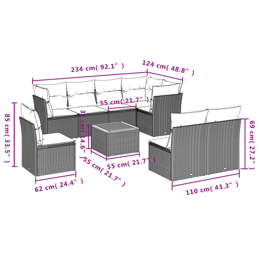 9-Delige Loungeset Met Kussens Poly Rattan