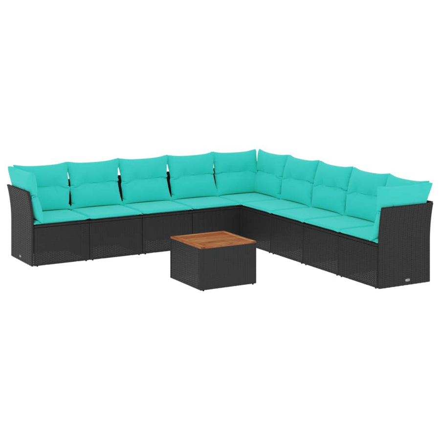 10-delige Loungeset met kussens poly rattan zwart