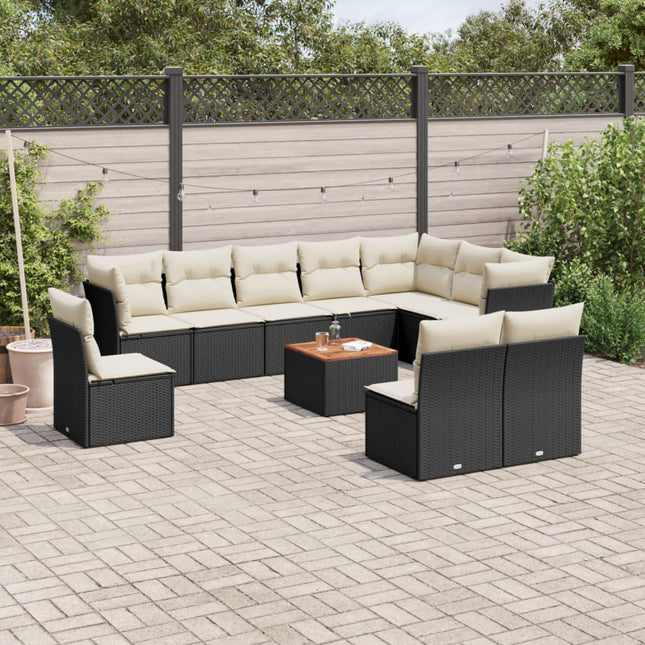 11-delige Loungeset met kussens poly rattan zwart