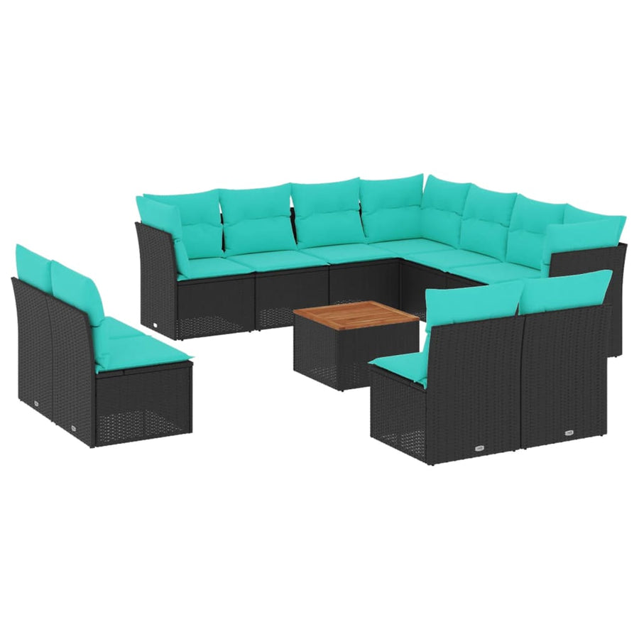 12-delige Loungeset met kussens poly rattan zwart