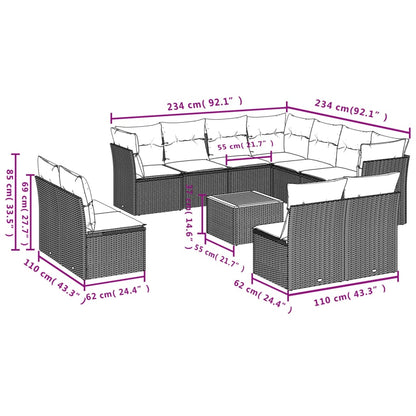 12-delige Loungeset met kussens poly rattan zwart
