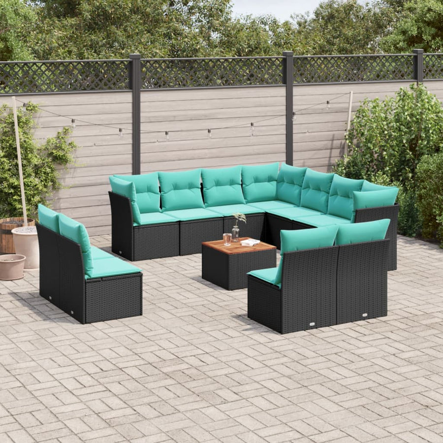 12-delige Loungeset met kussens poly rattan zwart