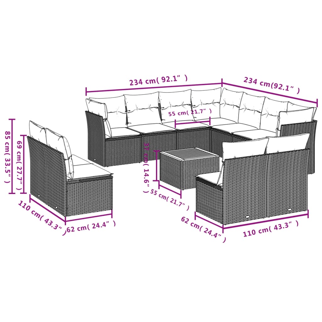 12-Delige Loungeset Met Kussens Poly Rattan Gemengd Beige
