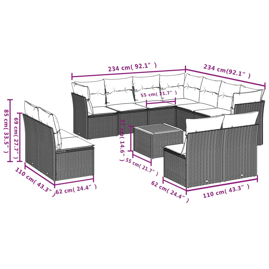 12-Delige Loungeset Met Kussens Poly Rattan Gemengd Beige